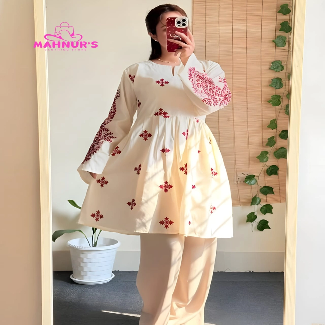 Ivory & Maroon Embroidered Pleated Frock Set