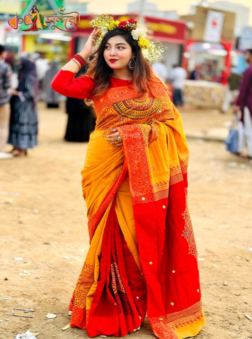 Basanti Yellow and Red Handloom Sari with Traditional Print and Mirror Work