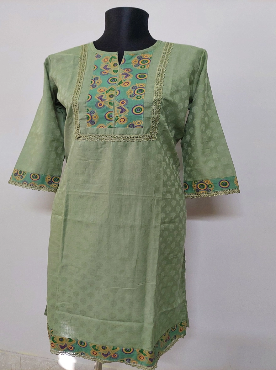 Sage Green Dotted Kurti with Abstract Yoke
