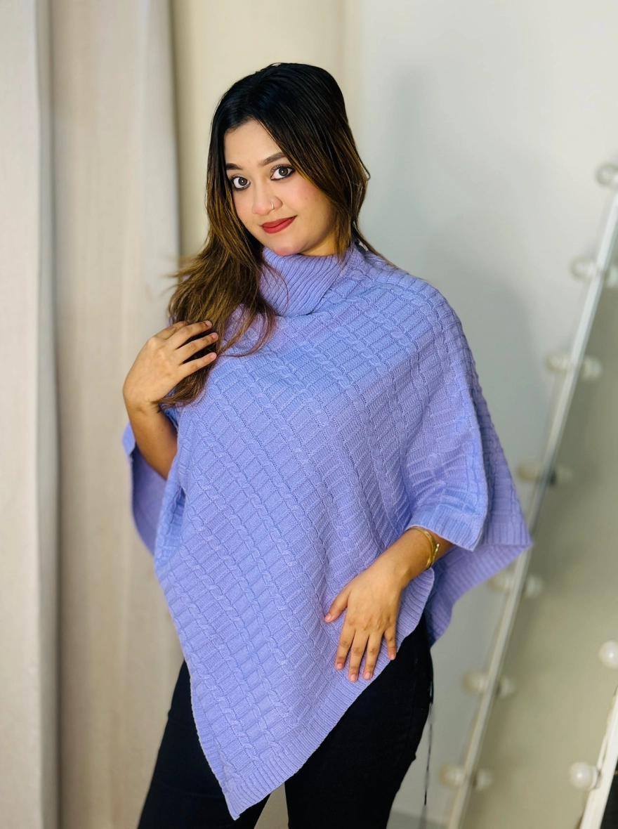 Cable Knit High-Neck Winter Poncho Sweater in Lilac