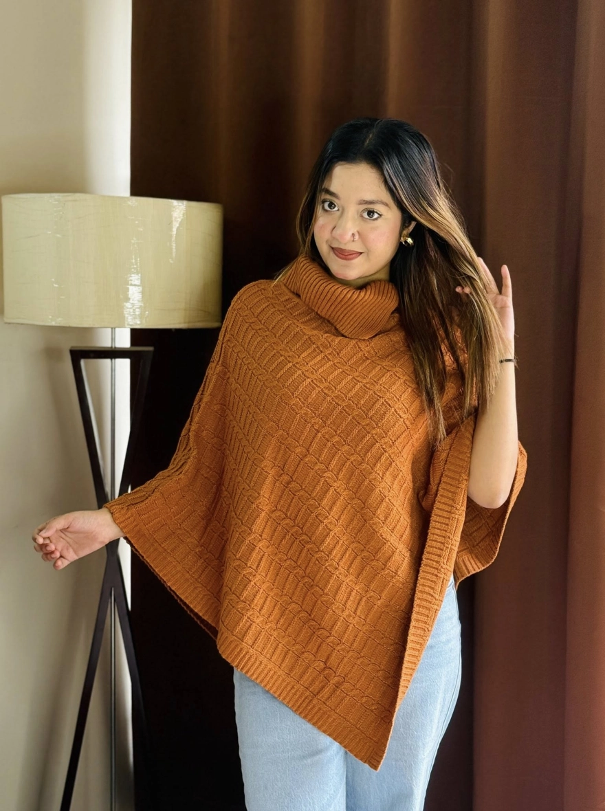 Textured Knit Cowl-Neck Winter Poncho Sweater