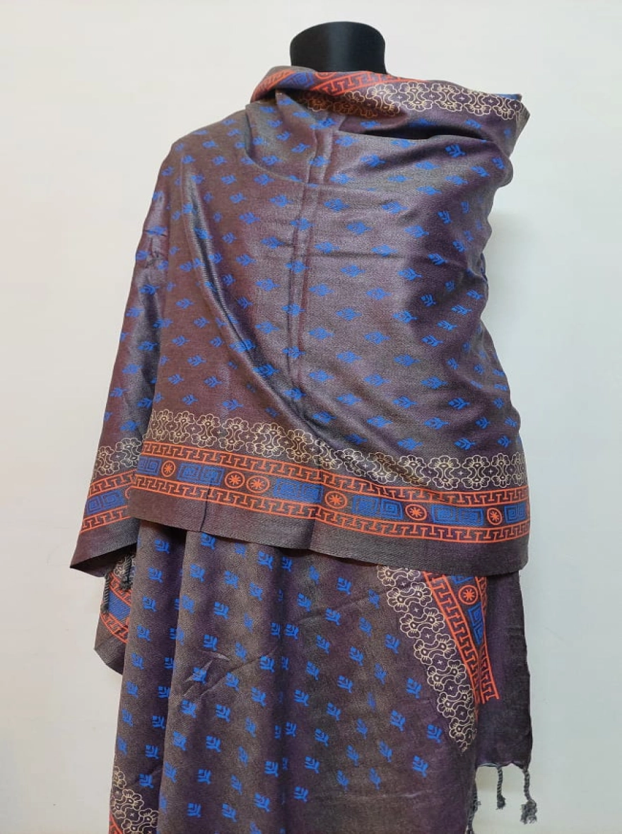 Handloom Blend Shawl with Maroon Traditional Print and Tassels