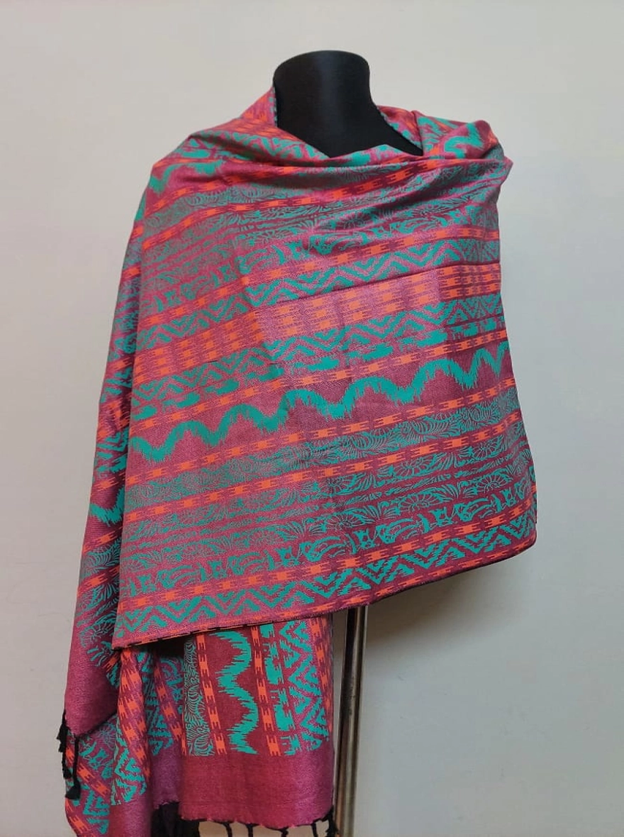 Festive Jacquard Shawl with Chevron and Paisley Motifs - Berry & Aqua