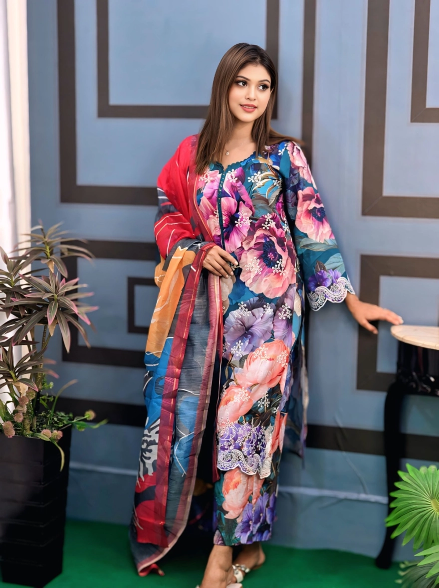 Azure Blue Embroidered 3-Piece Cotton Set