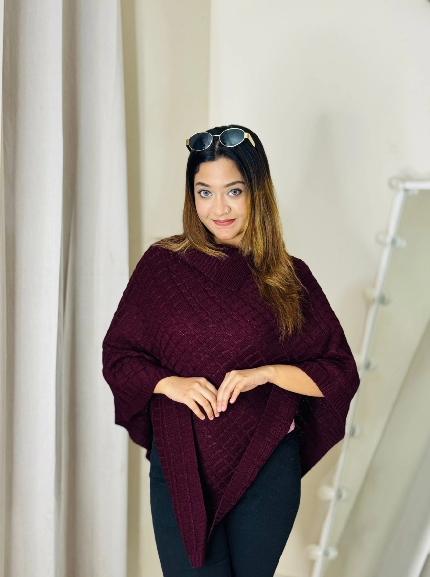 Deep Maroon Cable Knit Turtleneck Poncho