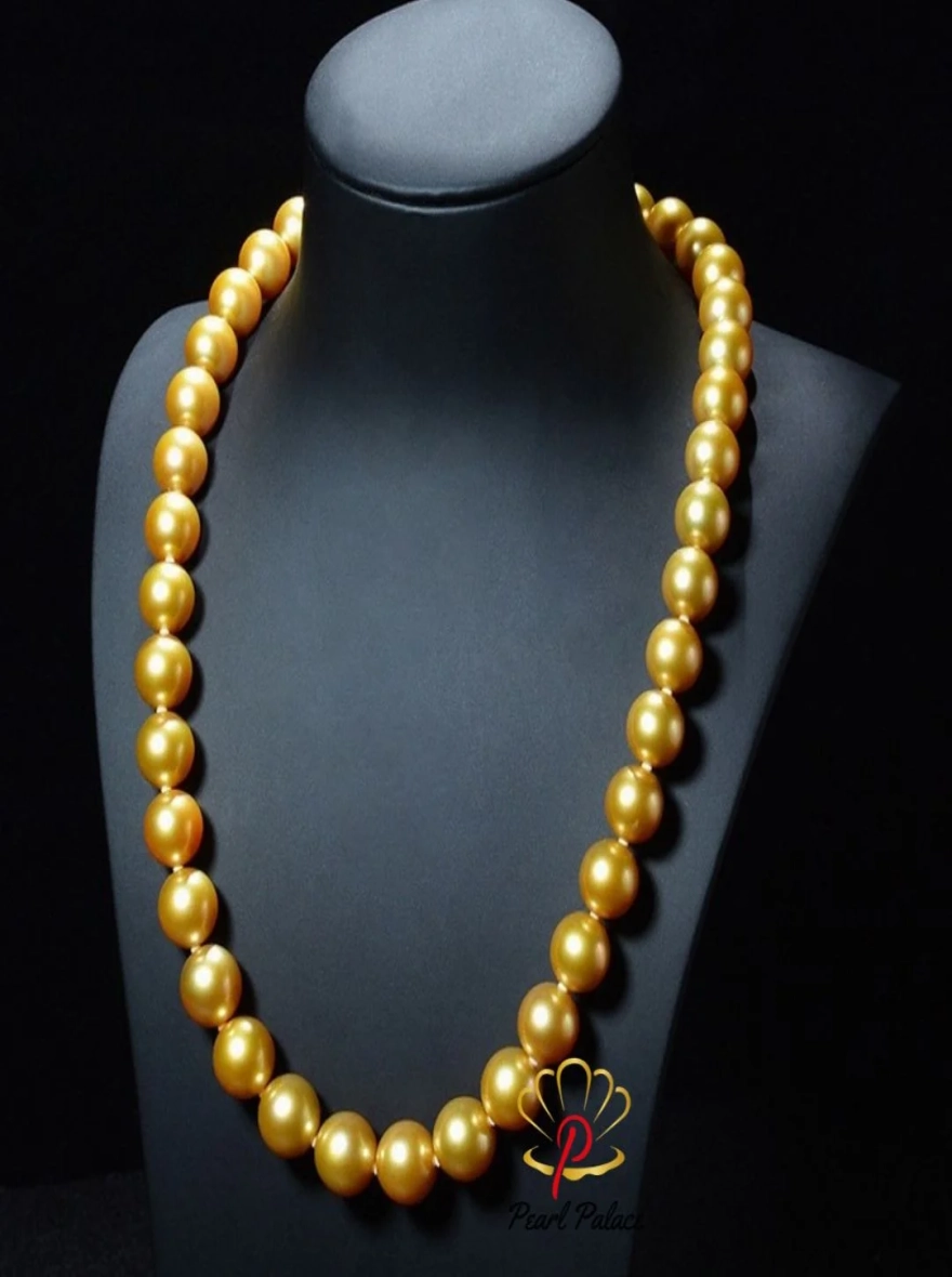 Charming 11-12mm Natural Marine Real Gold Round Pearl Necklace Jewelry.