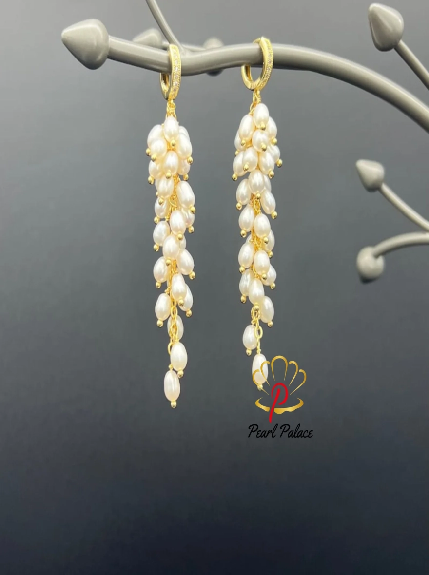 Gold-Plated Cluster Earrings with Natural White Freshwater Pearls