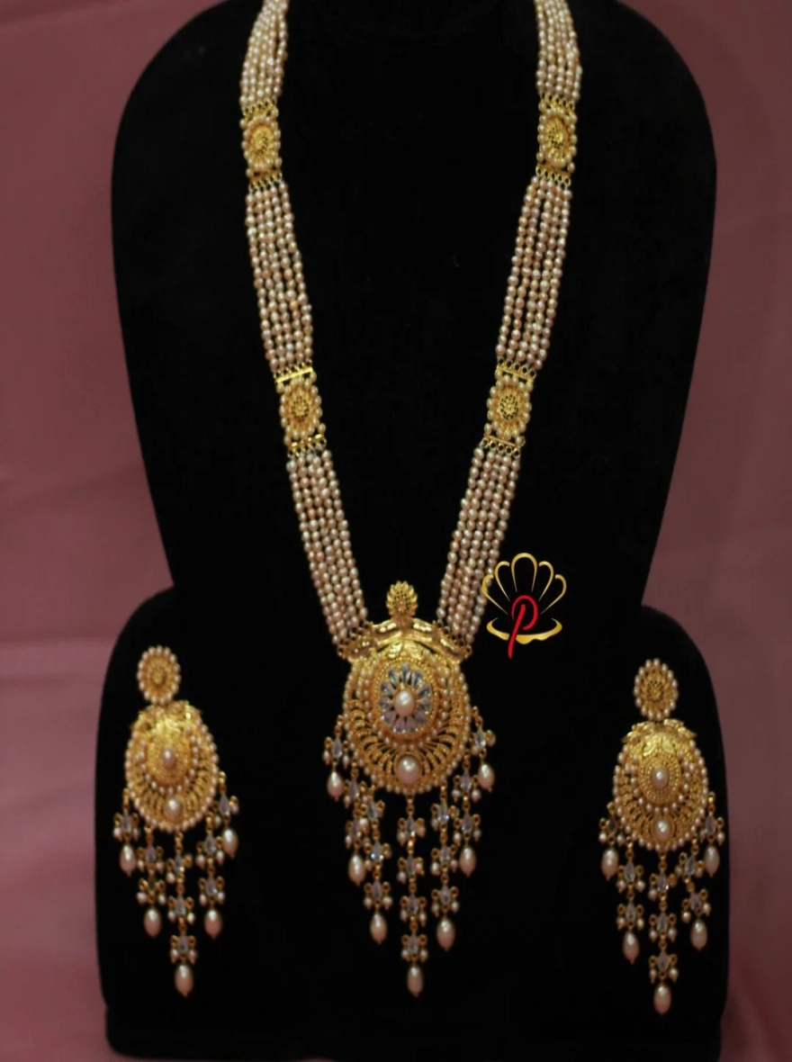 18K Gold Plated with Pink Pearl Bridal Sita Har Necklace Set