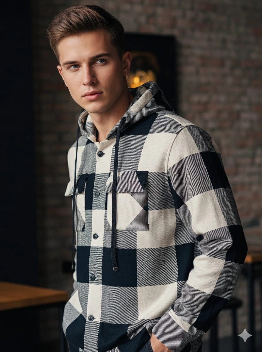 Premium Jacquard Brush Plaid Shacket Hoodie man