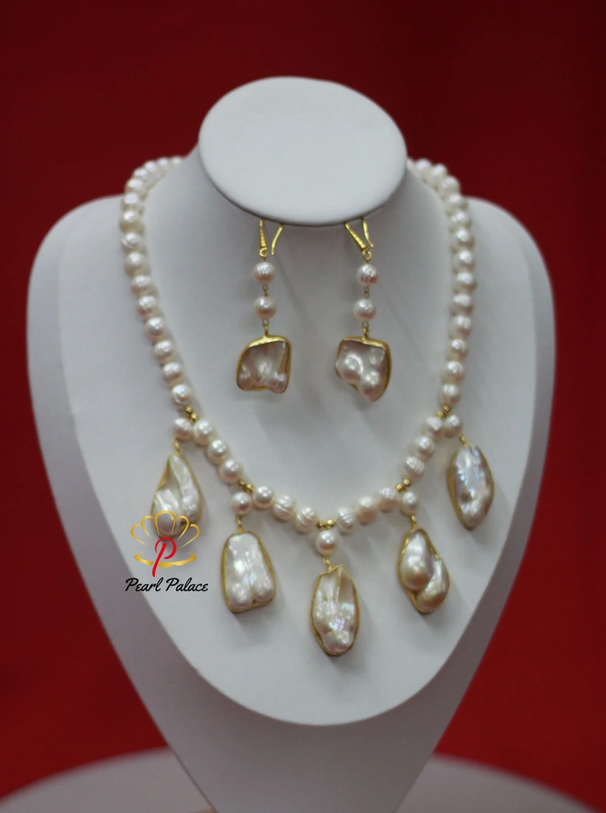 Baroque Mother of Pearl Necklace and Earring Set.