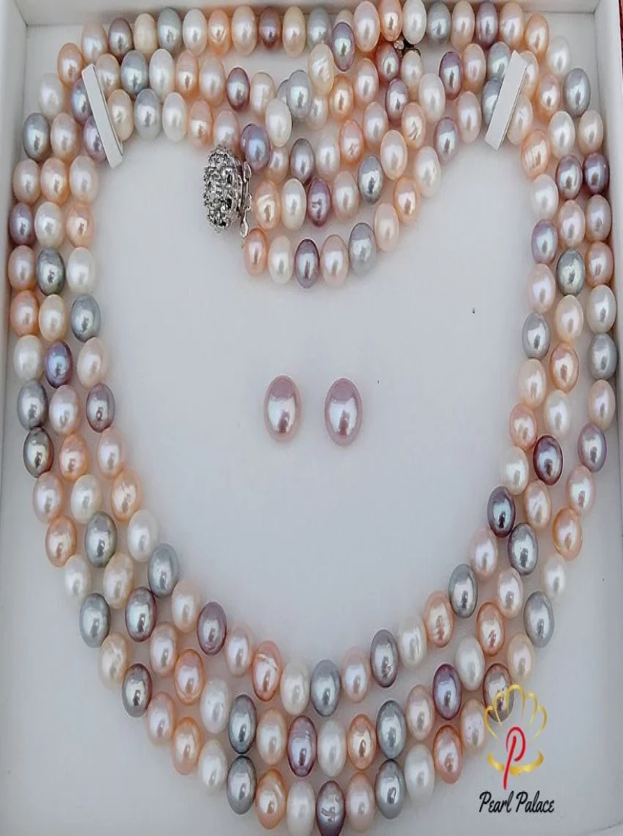 Ocean Mist 3-Layer Pearl Necklace with earrings