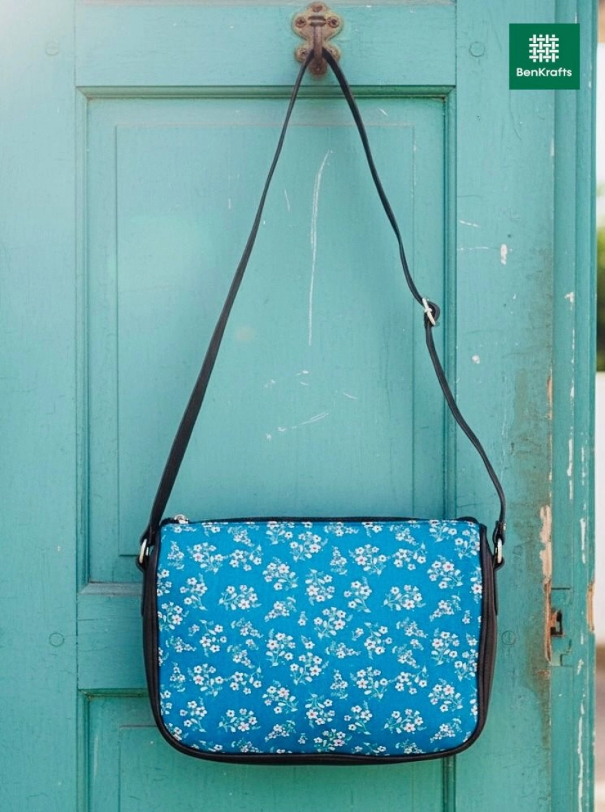 Azure Floral Tapestry Crossbody Bag