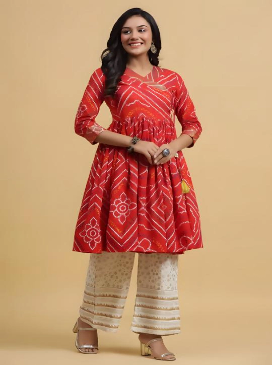Readymade Full AC Cotton Casual Red Printed Kurti Set