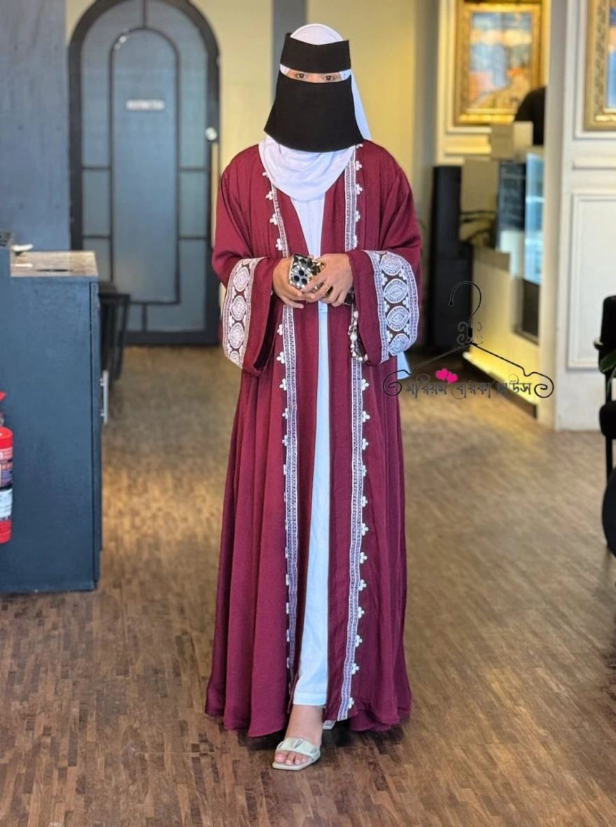 Maroon Grace Lace-Trimmed Open Abaya
