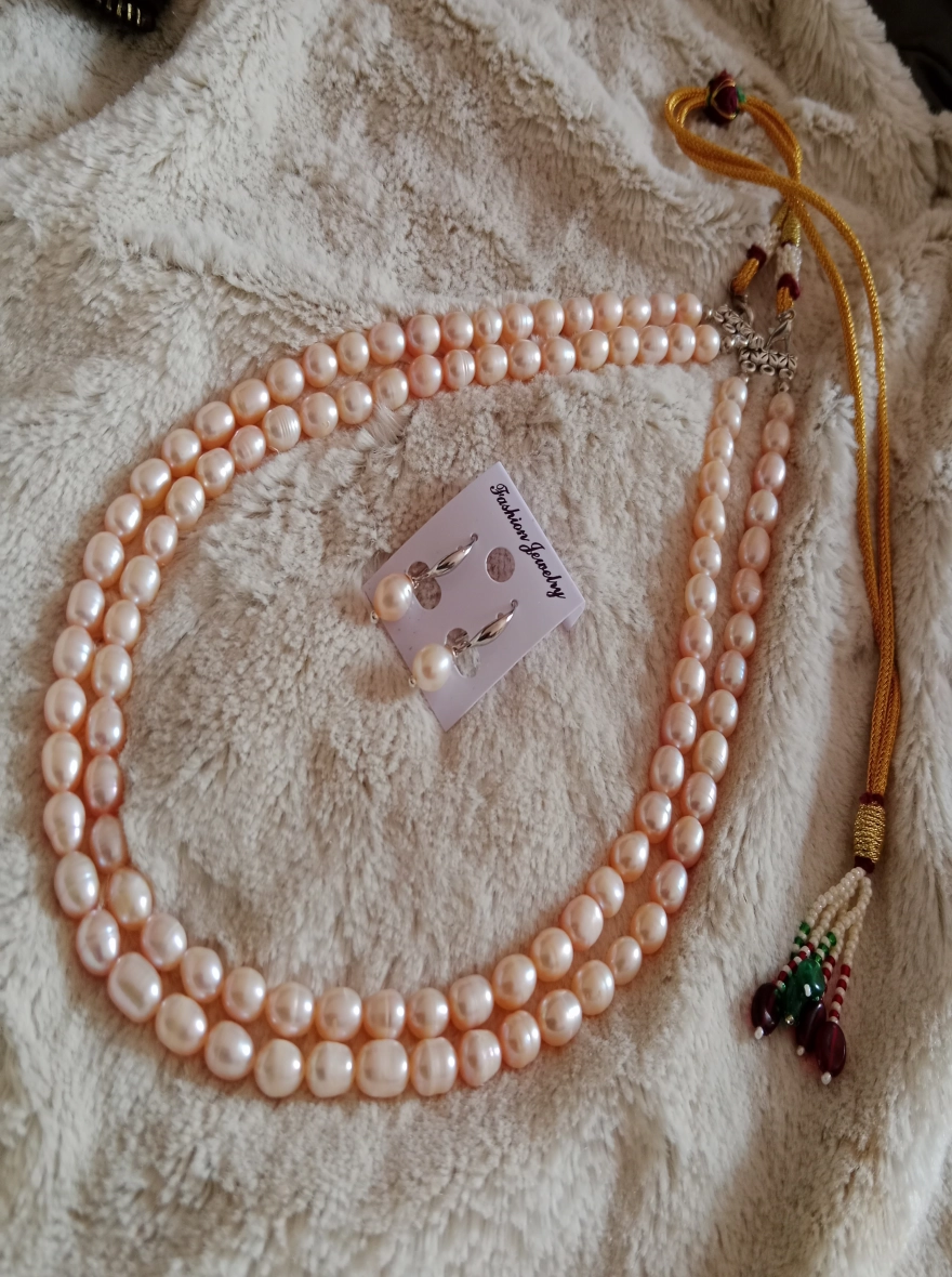 2 layer Rice pearl necklace,Peach colour  