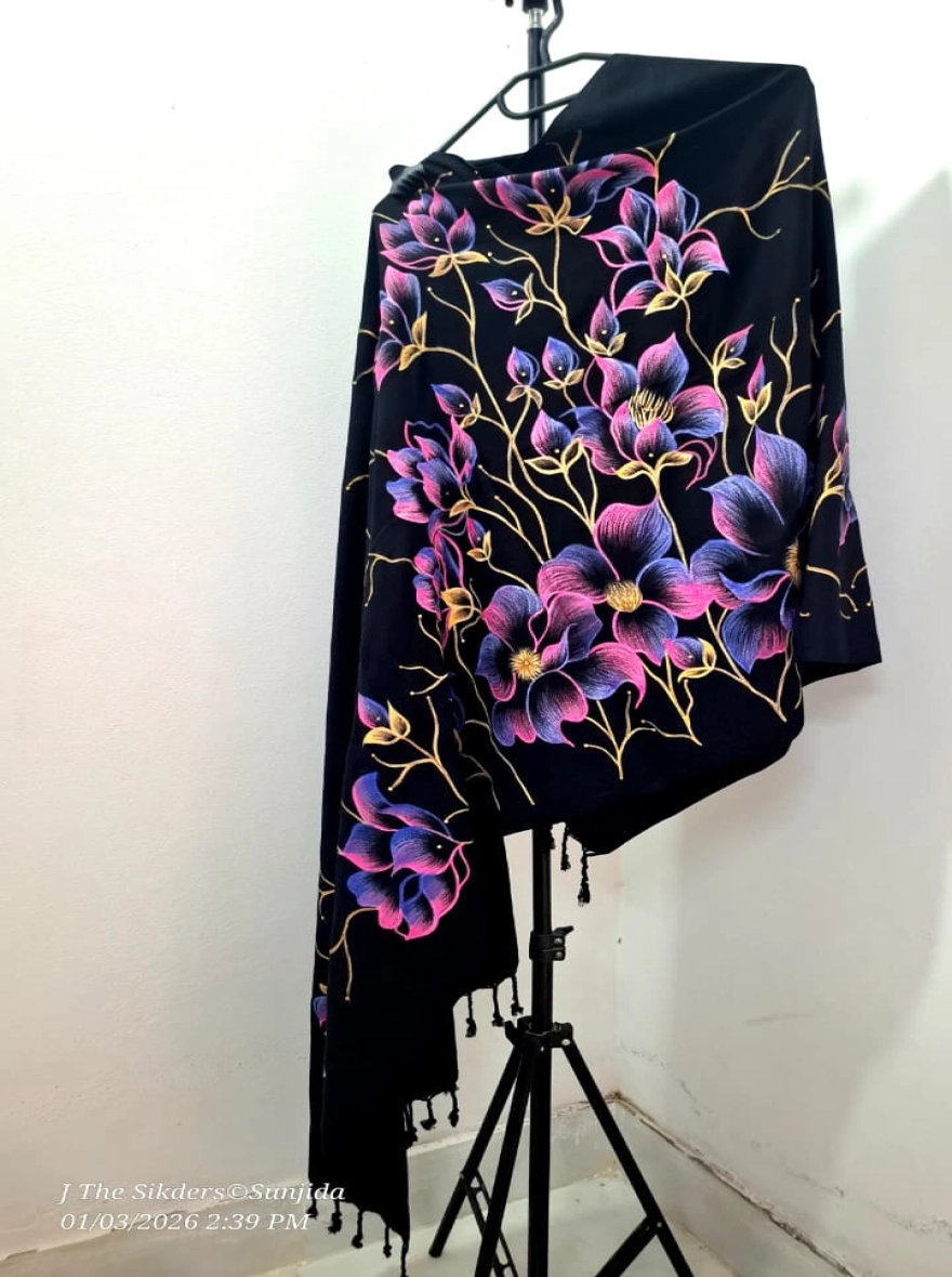 Midnight Orchid Hand-Painted Woolen Shawl