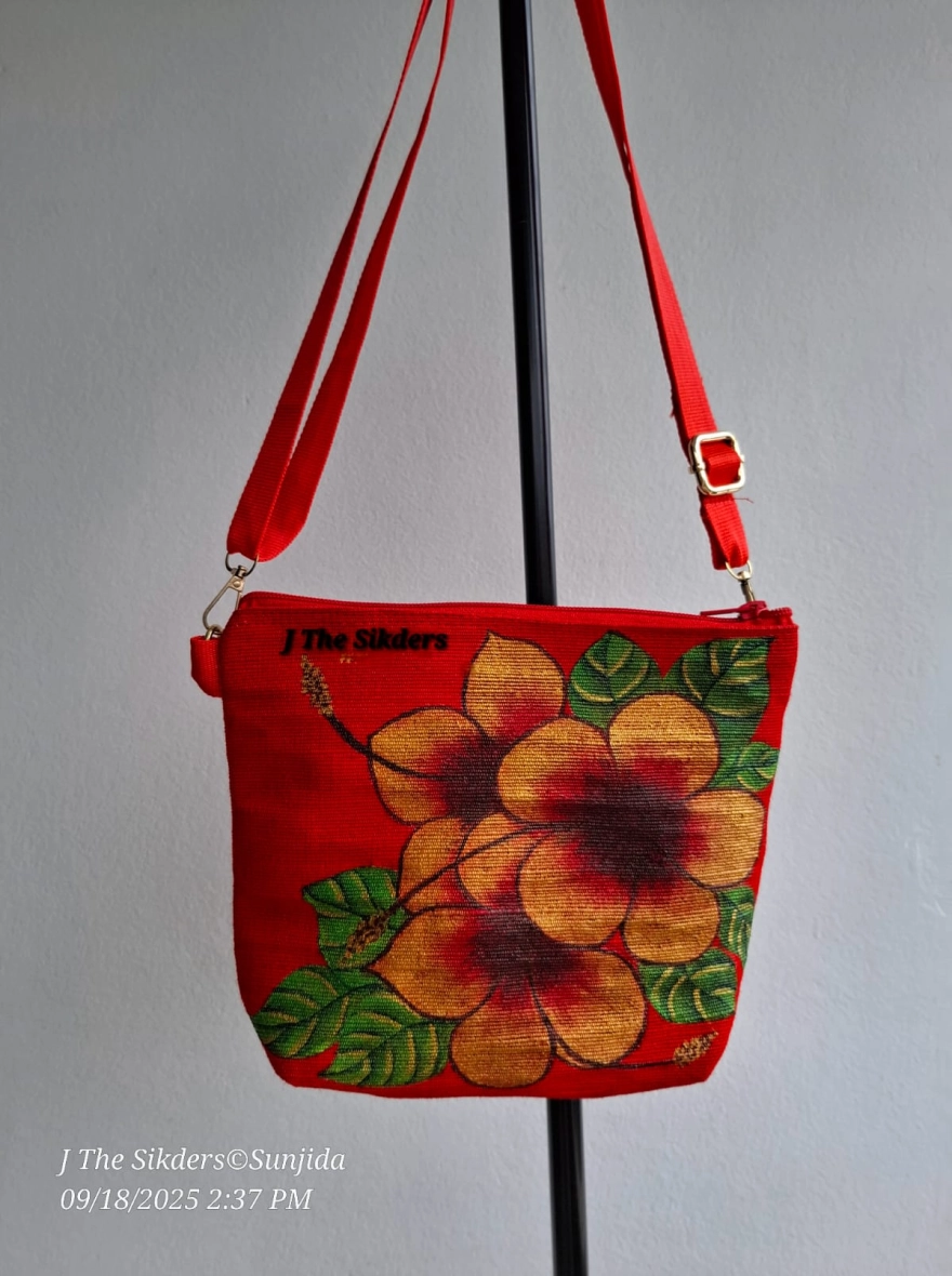 Crimson Hibiscus Hand-Painted Canvas Crossbody Bag