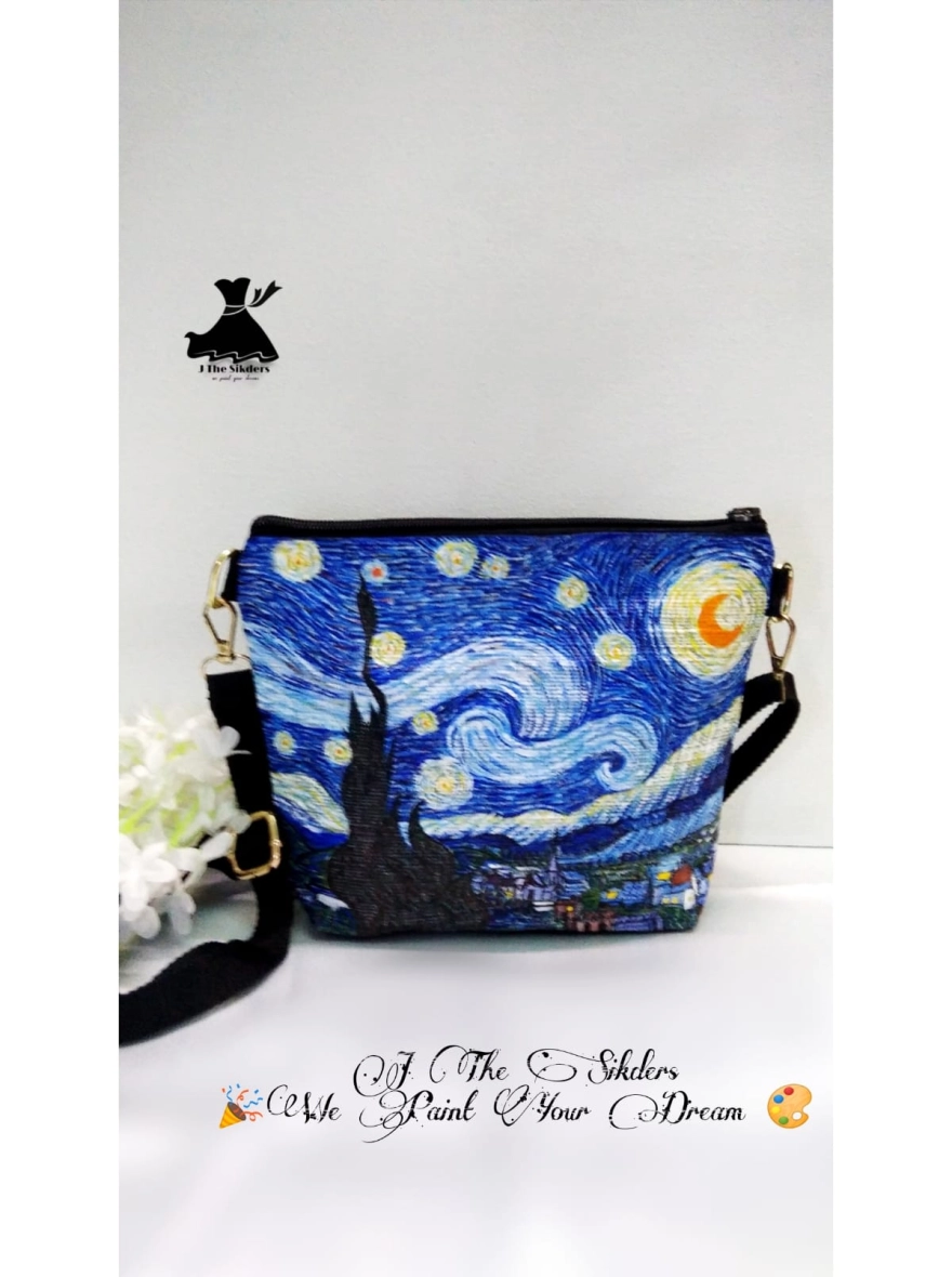 Starry Night Impressionist Hand-Painted Canvas Bag
