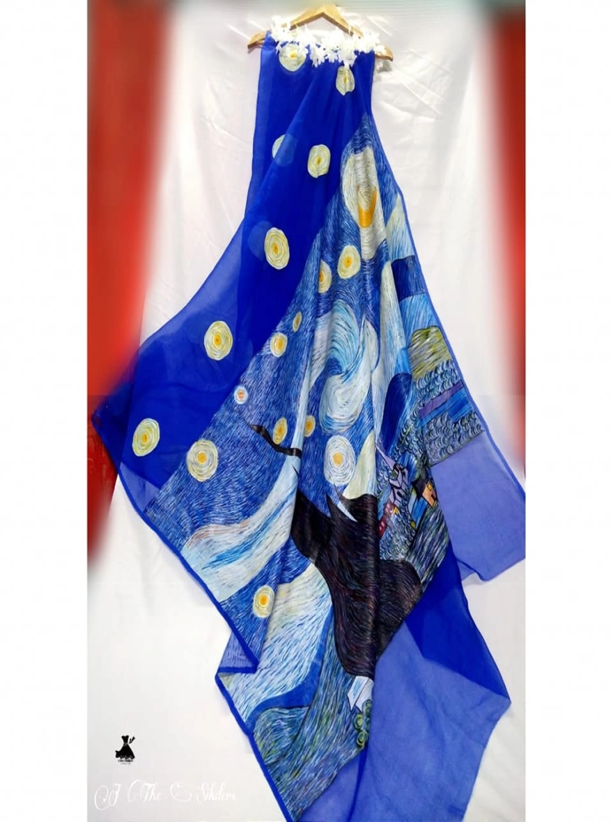 Starry Night Impressionist Hand-Painted Chiffon Saree