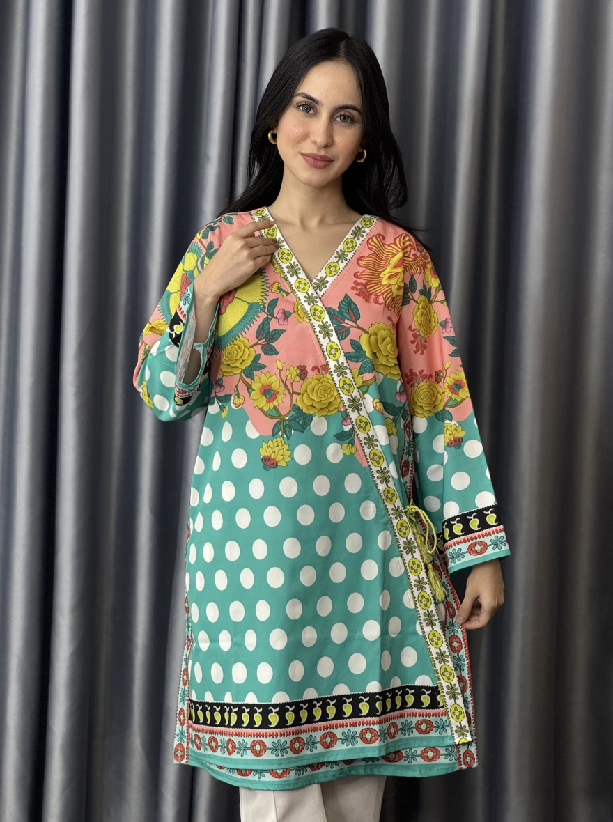 Peach Blossom & Teal Polka Angrakha Kurti