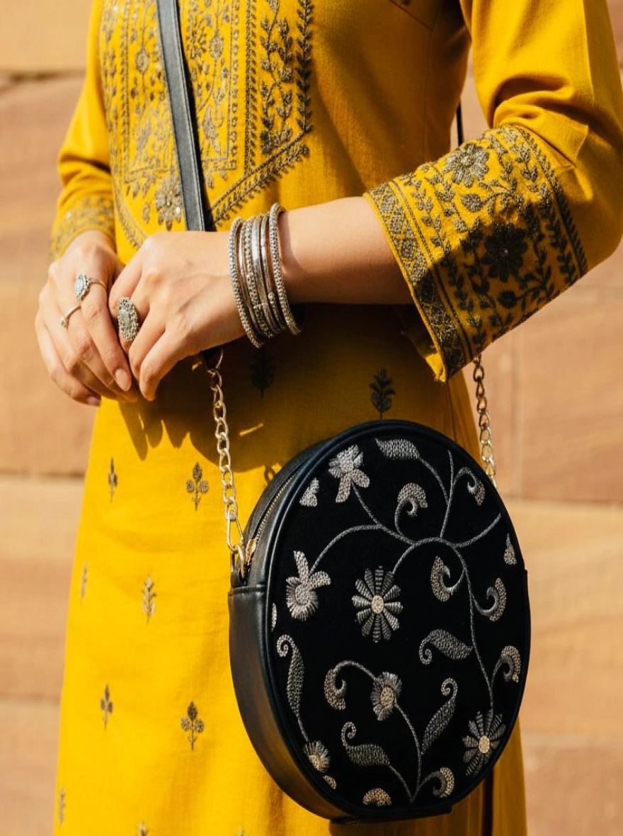 Wildflower Noir Embroidered Circle Bag