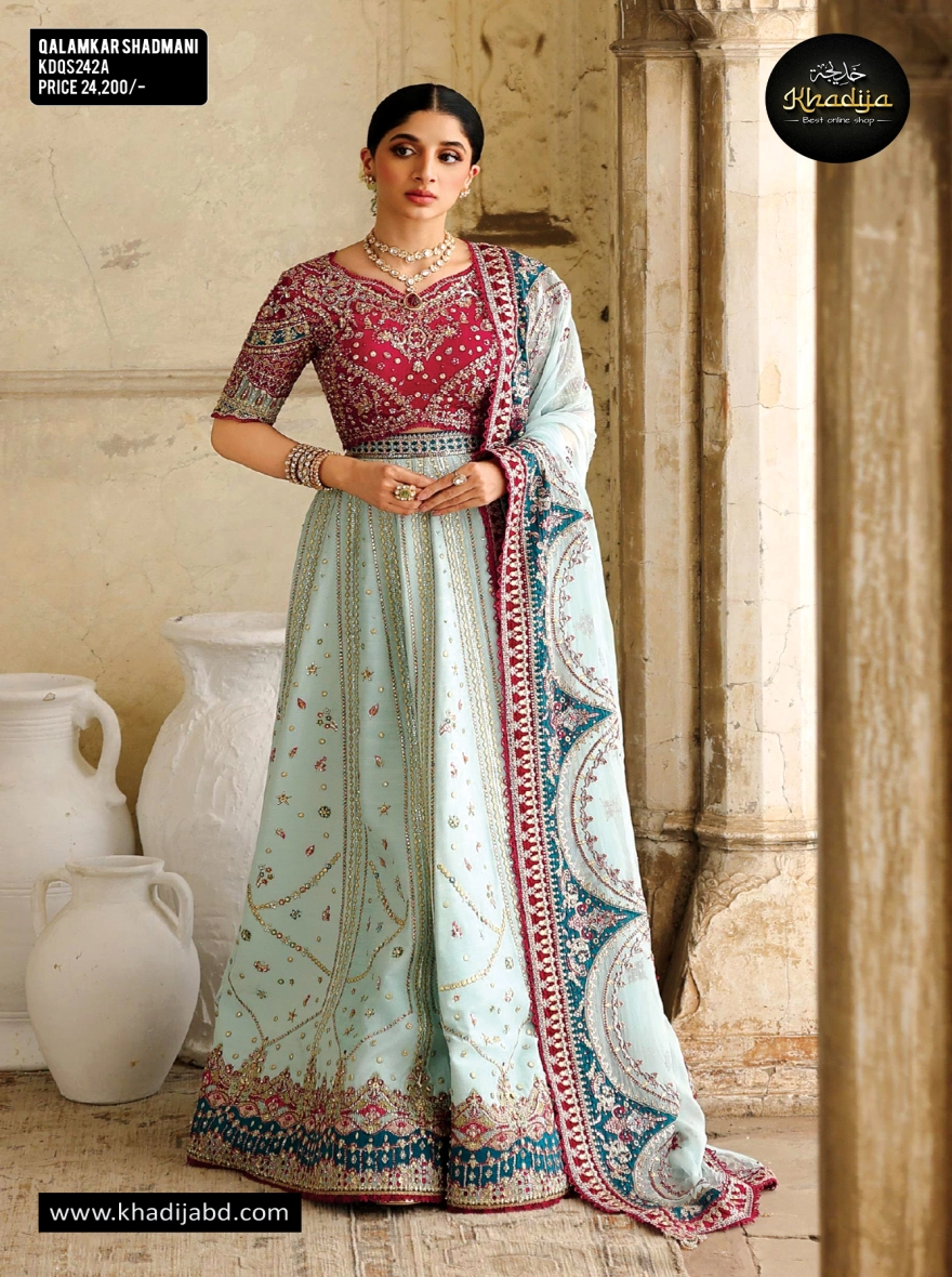 Qalamkar Shadmani (Light Blue & Maroon)-Unstitched