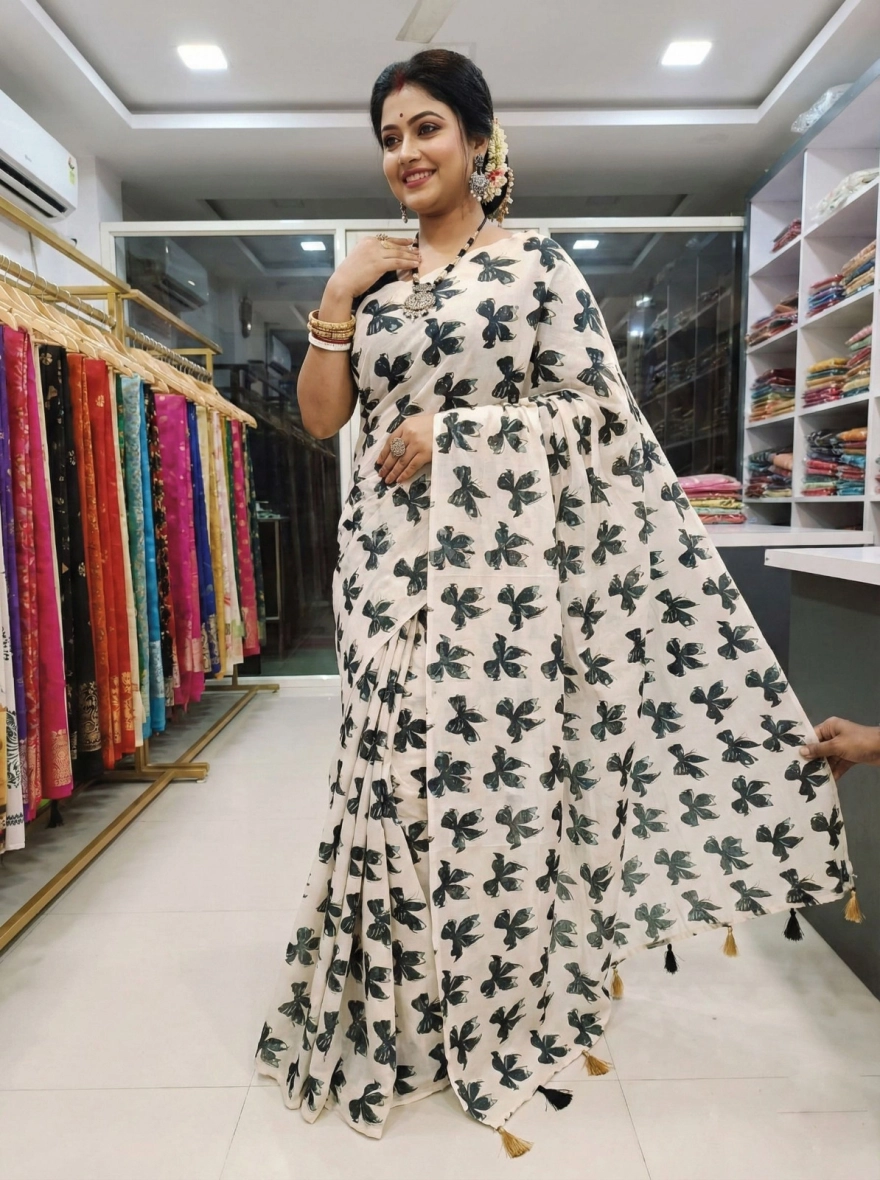 Emerald Butterfly Hand-Block Saree