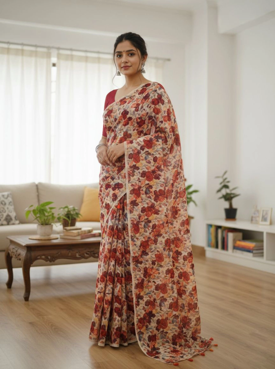 Autumn Ember Floral Georgette Saree