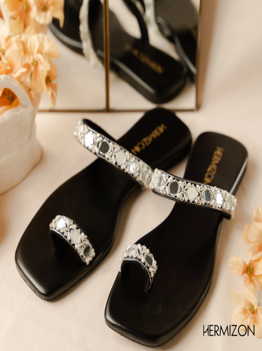 Annora Mirror-Work Embellished Toe-Ring Flats