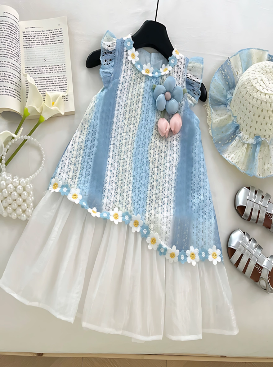 Imported China Sleeveless Blue X White Whisper Fairy Dress