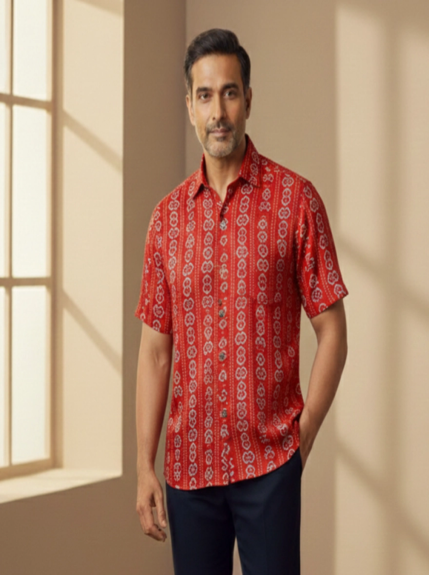 Men’s Traditional Red Taat Print Half Shirt