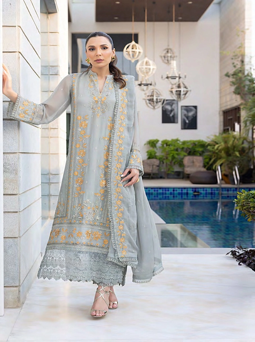 Mauve Blossom Embroidered Georgette 3-Piece Suit-Unstitched