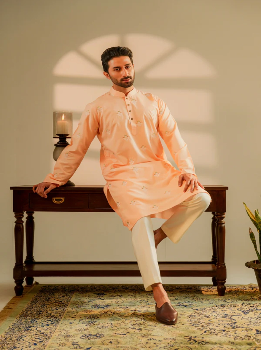 Amir Embroidered Panjabi in Peach