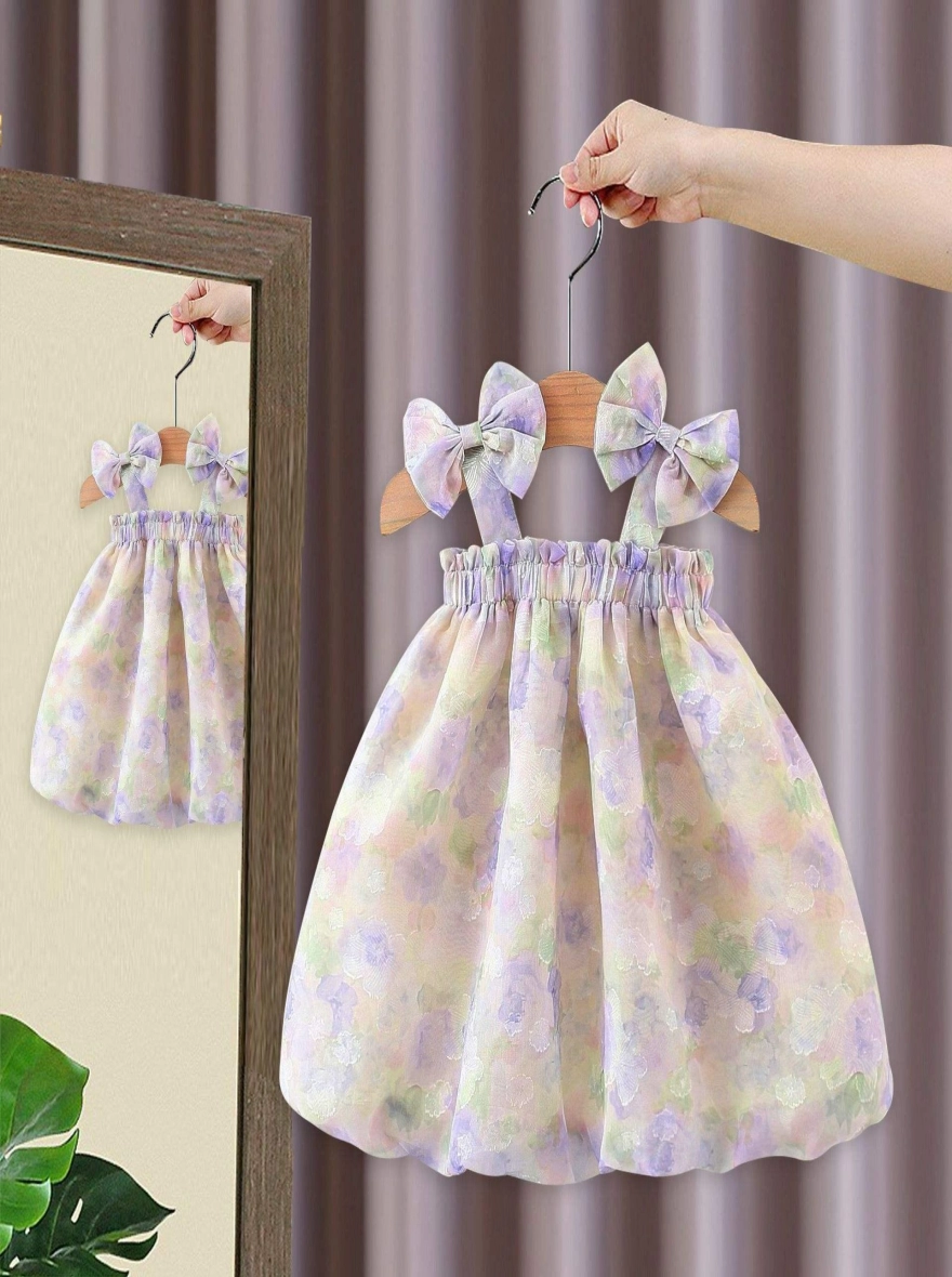 Princess Bow Shoulder Strap Floral Frock - China