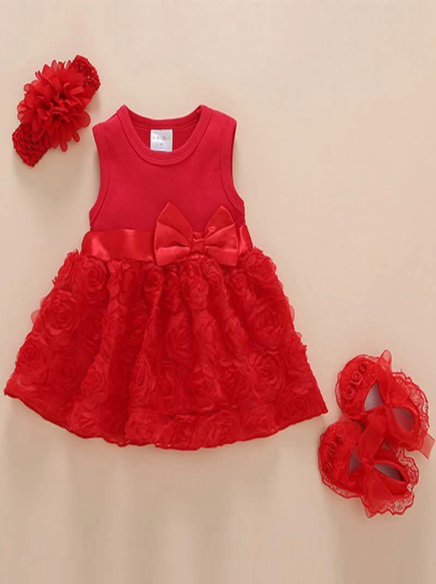 Imported Half Sleeve Red Frock With Hair Band & Shoes