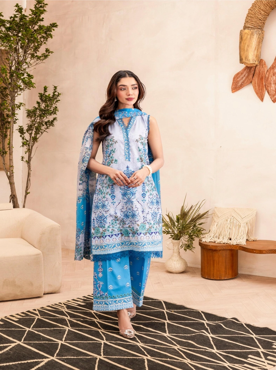 Pakistani Firdous Lawn Special Edition – Azure Blue & Floral 3-Piece Printed Suit-Unstitehed