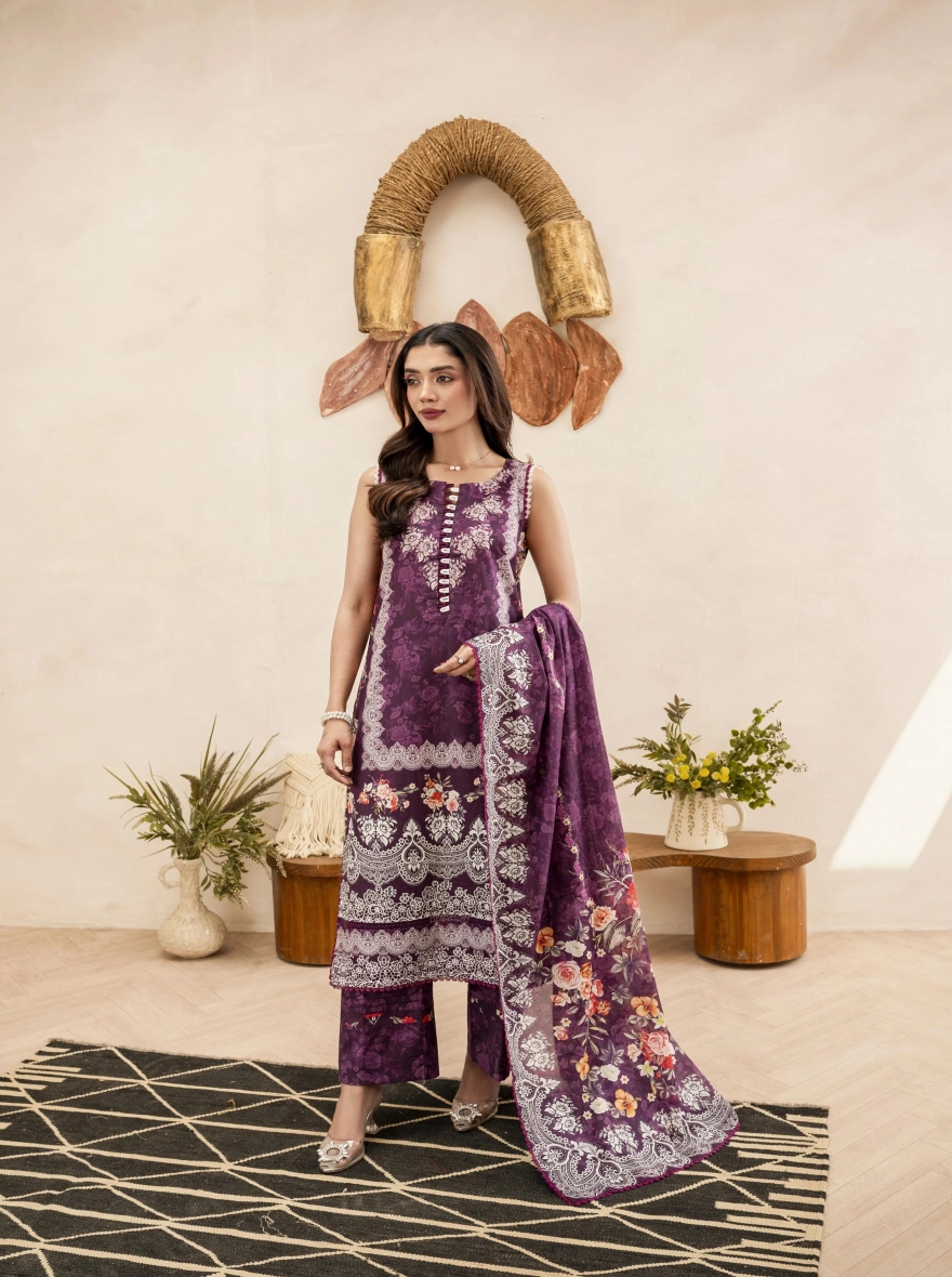 Firdous Special Edition – Plum Regal Flora 3-Piece Suit-Unstitehed