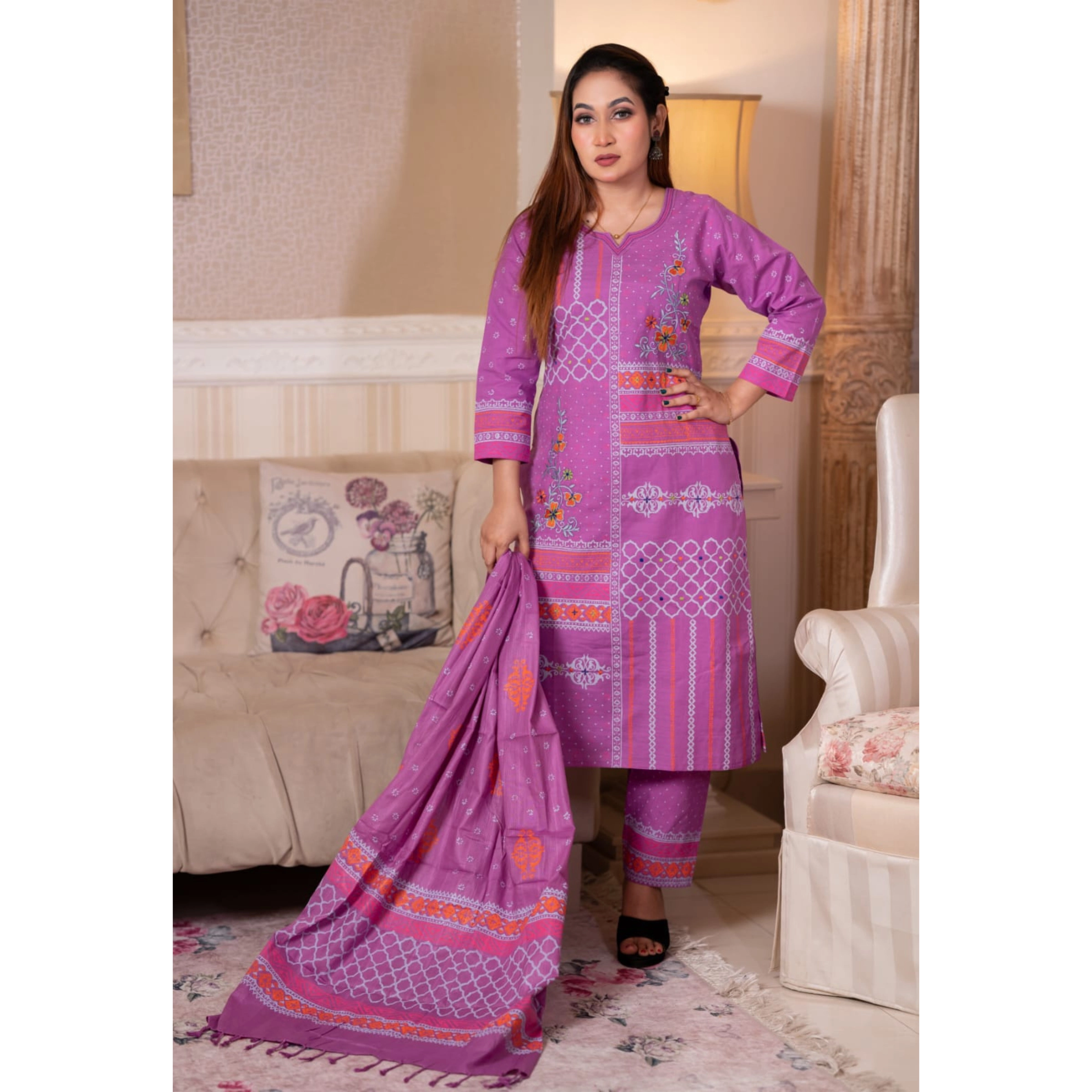 Charming Block-Printed & Embroidered Taat Cotton Three-Piece Set