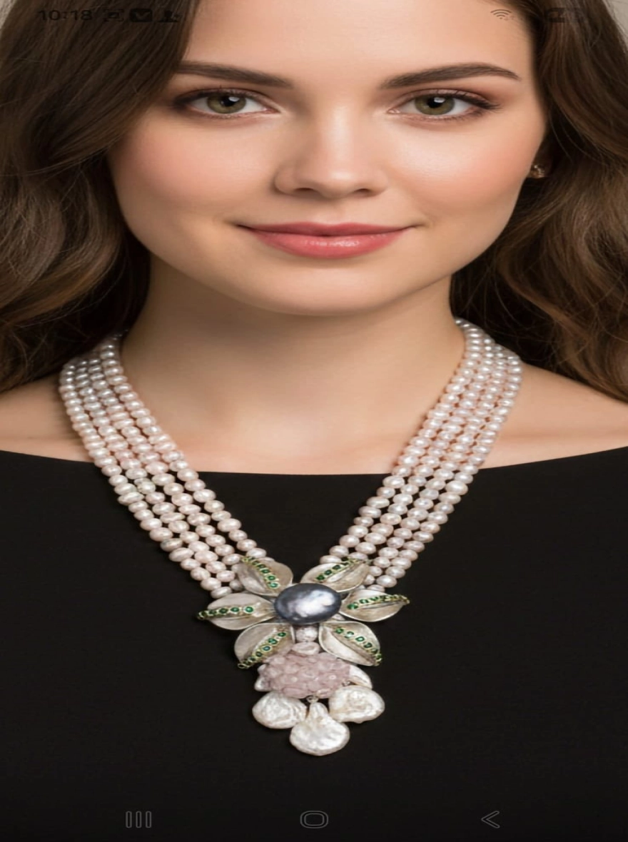 Rose Quartz and Cultured Pearl Floral Statement Necklace