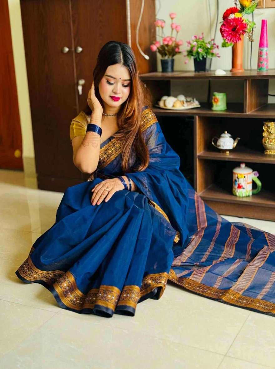 Royal Blue Tangail Halfsilk Saree