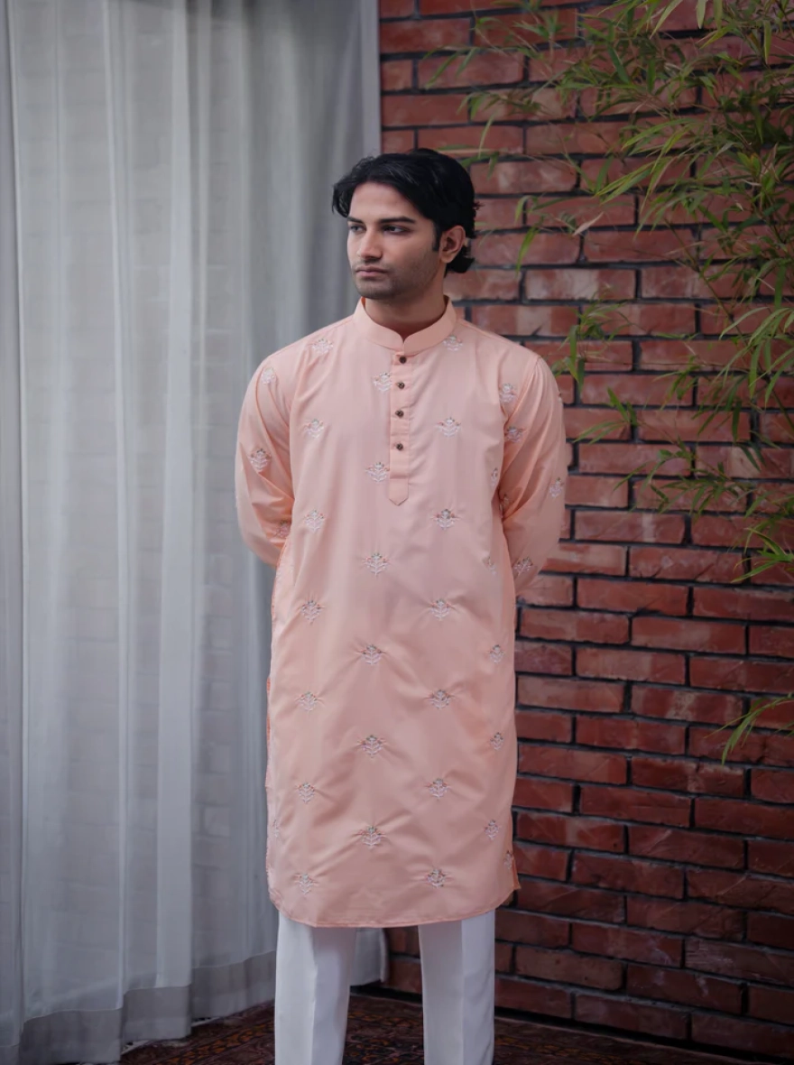 Amir All-Over Embroidered Kurta – Peach/Apricot