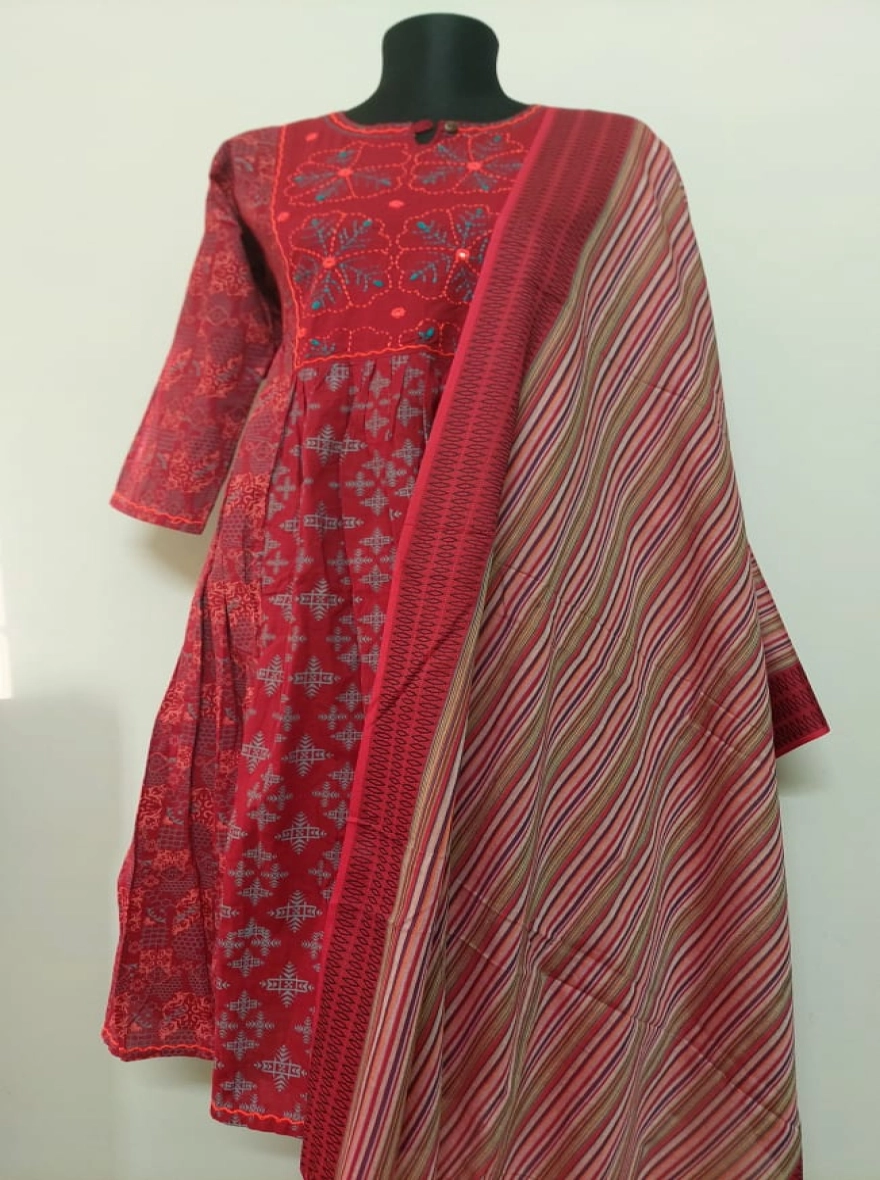 Amethyst-Block Floral Cotton Kurti