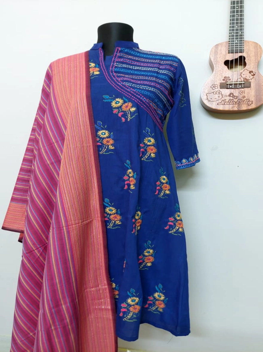 Majestic Royal Blue Angrakha Kurti with Magenta Pinstripe Dupatta