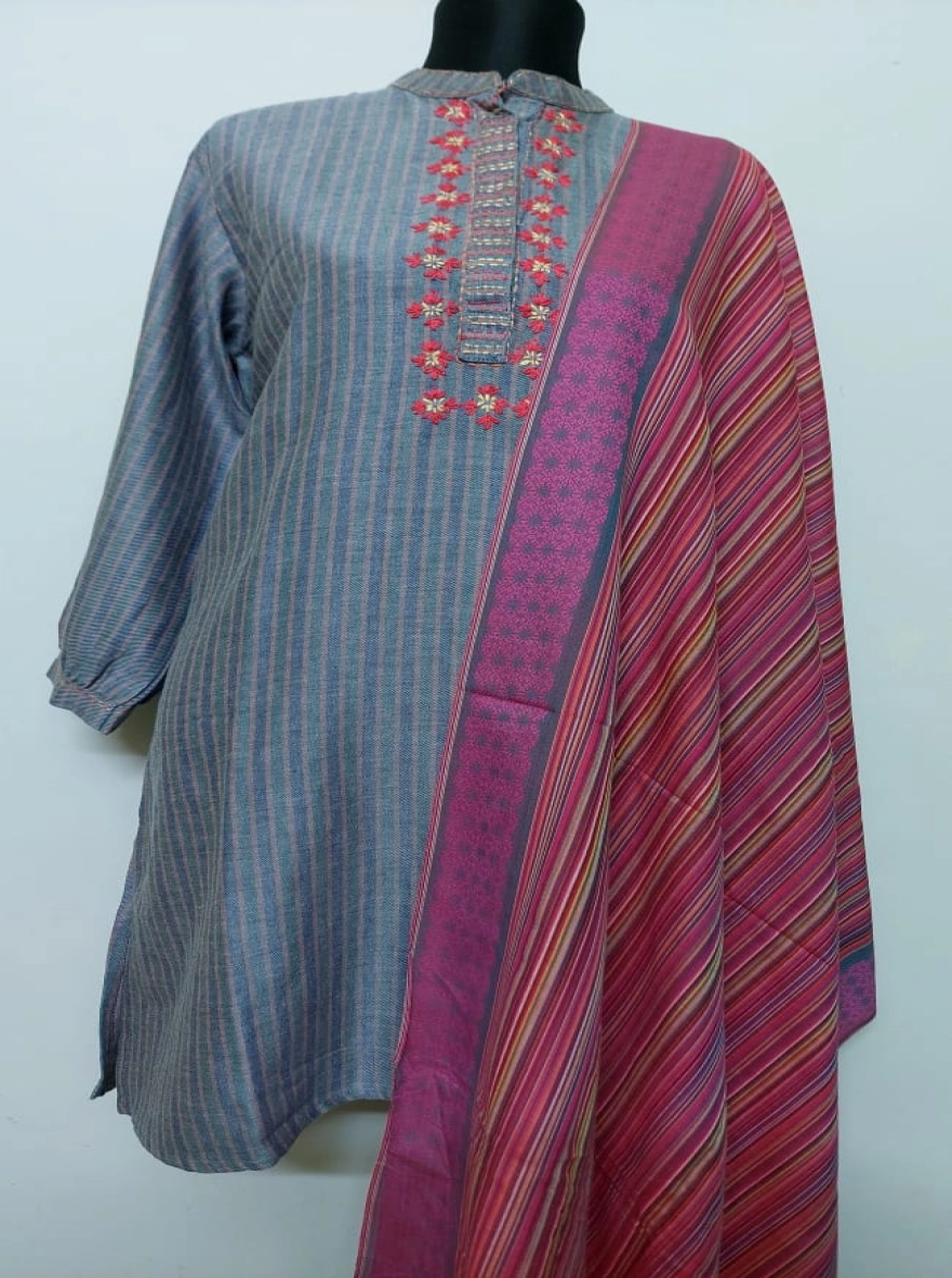 Midnight Teal Blossom Kurti with Striped Silk-Touch Dupatta