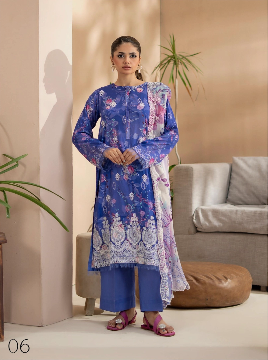 Pakistani Premium Mishaal by Gulljee – 3 Piece Printed Lawn Suit (Lavender Blue)