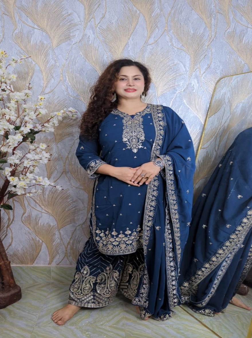 Deep Teal Pakistani Design Premium Georgette Readymade Three-Piece