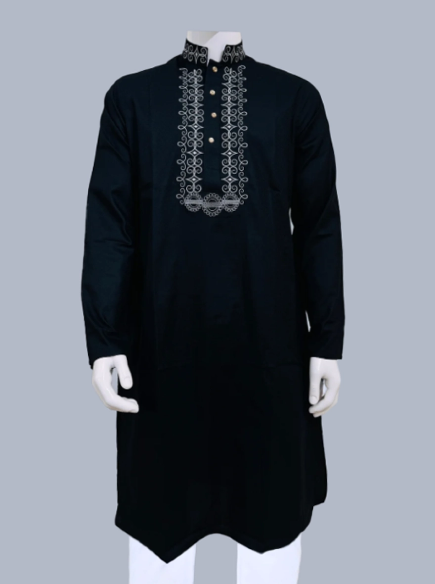 Black Glossy Embroidered Cotton Slim Fit Panjabi for Men – Premium Traditional Ethnic Kurta with Elegant Silver Embroidery, Breathable Comfortable Fabric, Modern Tailored Fit for Eid, Wedding, Party & Cultural Occasions