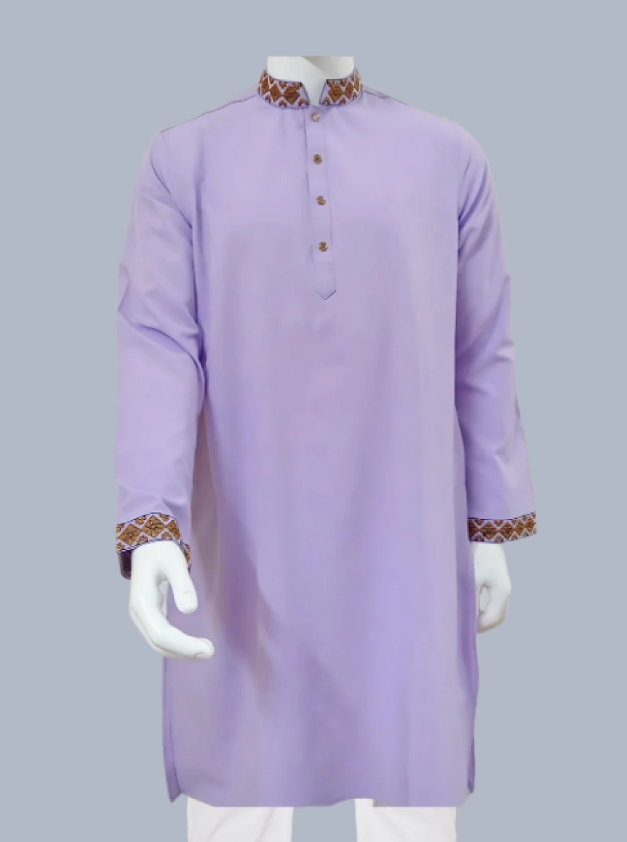 Levender Glossy and Embroidered Cotton-Viscose Slim Fit Panjabi