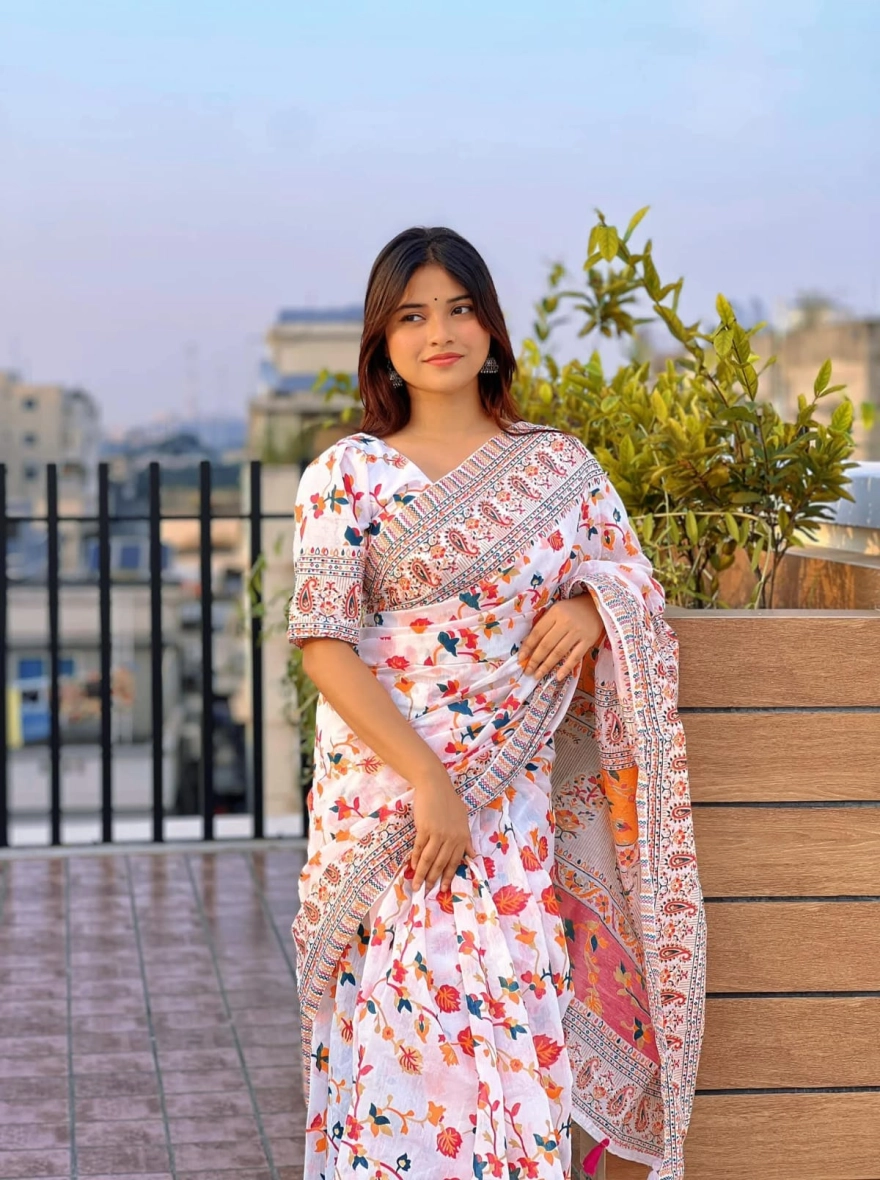 Women's Tangail Tat Trendy Afsan Print Saree – Vibrant Multi-Color Floral Edition