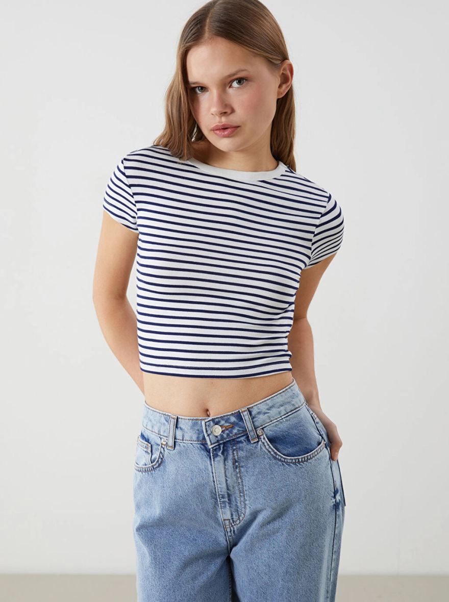 Crew Neck Striped Women's Tops | White and Navy Blue